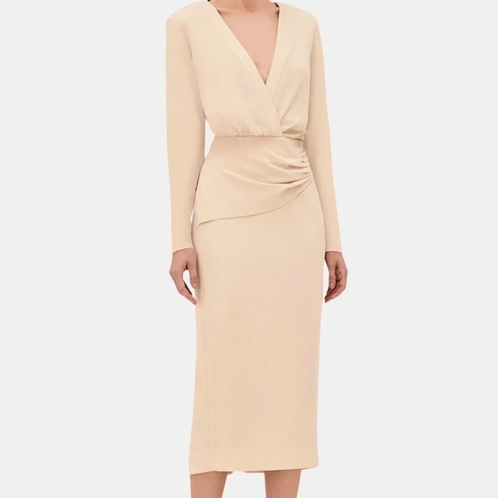 ALEXIS Fraser Cream Long Sleeve midi ruched elegant Dress v neck draped